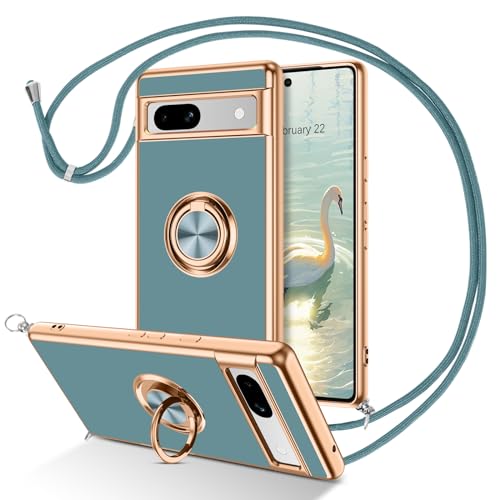 DUEDUE für Google Pixel 7 Hülle mit 360°-Drehbarem Ring und Band, Handyhülle mit Handykette Kordel zum Umhängen, Stoßfes...