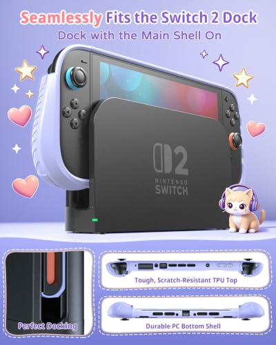 Image of FASTSNAIL Protective Cute Case Cover for Nintendo Switch 2 with Cartoon Cat | TPU Switch 2 Dockable Case with Cat Pattern, Military Protection, Split Design, Ergonomic Grip, PC Front Cover, 12 Game Slots