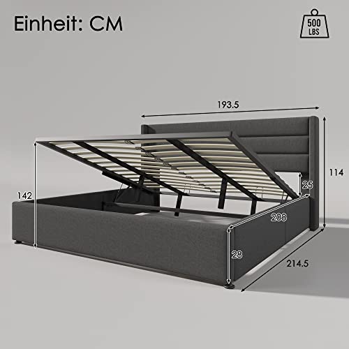 Kayan Stauraumbett Polsterbett Hydraulisch Doppelbett 180x200cm, Lattenrost aus Holz, Bett mit Lattenrost aus Metallrahmen, Leinen (Grau, 180x200cm)