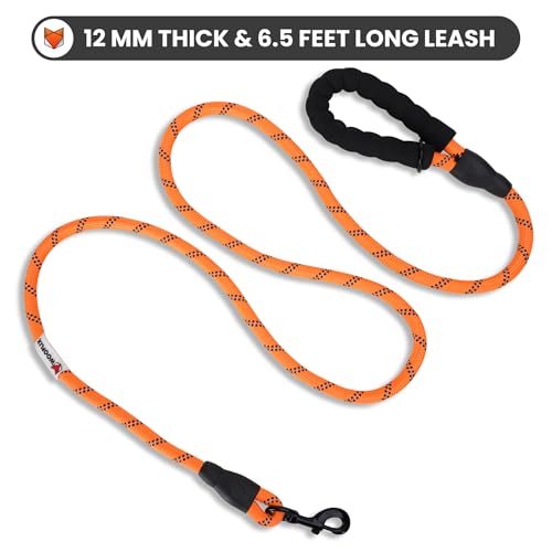 Image of Wooflix Heavy Duty Nylon Dog Leash | Anti Slip Padded Handle Long Dog Leash | Highly Reflective Leash for Dogs | Dog Rope for Medium & Large Dogs | Dog Training Leash | (Orange, 6.5 Feet Long)
