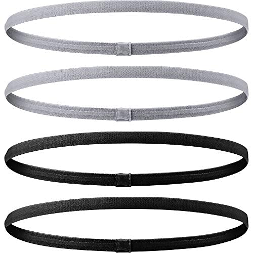 Seeotwo 4 Pieces Thick and Slim Non-Slip Elastic Sports Headbands Athletic Skinny Hair Headband for Women, Men, Boys, Girls - Silicone Grip Hairband Mini Stylish Sweat Band (Black, Grey)-image-6
