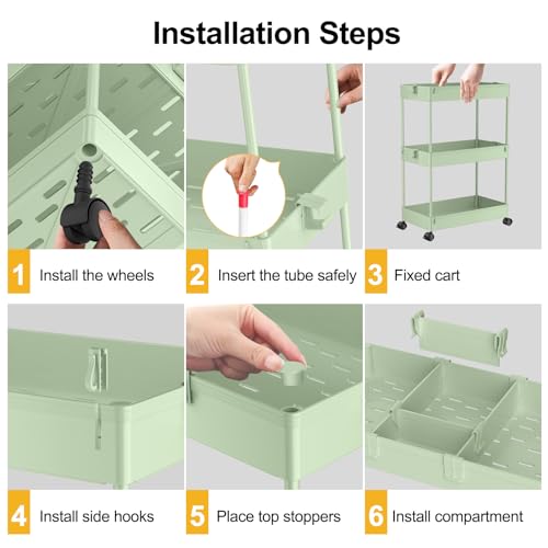 Image of SPACELEAD 3 Tier Rolling Cart with Wheels, Storage Craft Art Trolley Organizer Serving, 3 Hanging Baskets Easy Assembly, for Office, Living Room, Kitchen, Green