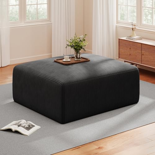 40" Oversized Square Corduroy Ottoman Pouf - Poofy Soft Foot Rest with Foam Chunk Filling, Movable Large Ottoman Pouf Footstool for Living Room Sofa Couch Bedroom, Black(1 Piece)