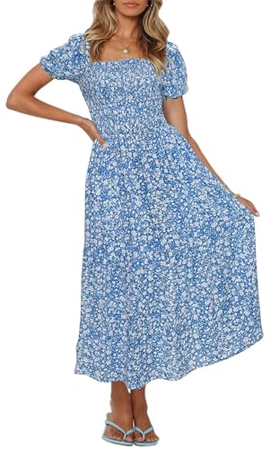 Image of ZESICA Women's 2026 Summer Boho Floral Print Dress Square Neck Ruffle Swing Beach Vacation Long Maxi Dresses