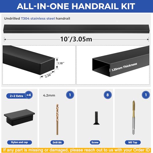 Image of Modular 1Pack 10FT Stainless Steel T304 Black Handrail for Cable Railing with Nylon End Cap Kits, 2.36 inch W x 1.18 inch H Cuttable Flat Handrail Rectangular Top Rail for Stair Railing Indoor Outdoor