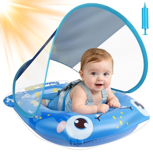 Cheffery Flotador Bebe, Flotador Bebe con Sombrilla Apto para Boca Arriba, Boca Abajo y Acostado, Flotador Inflable para Bebe UPF 50+, Boia Bebe con Sombra, Flotador Piscina Bebes para 3 36 Meses