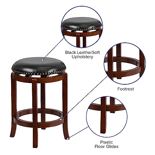 Flash Furniture Margaret 24'' High Backless Light Cherry Wood Counter Height Stool With Black Leathersoft Swivel Seat #TOP2