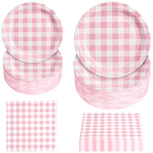180Pcs Pink Gingham Party Supplies Paper Plates and Napkins Serve 60