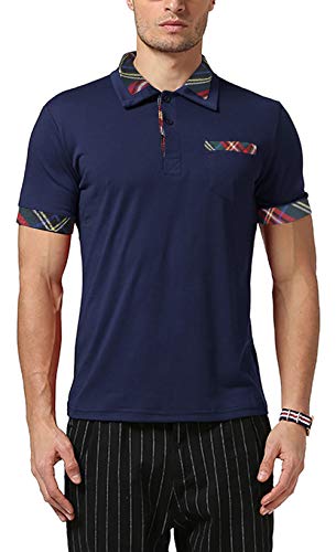 Yong Horse Men's Casual Polo Shirts, Mens Polos, Contrast T-Shirt, Plaid T-Shirts, Short Sleeve Shirt, Lightweight, Regular Fit, Collar Button Down T Shirt for Gym Sports or Daily Wear (Blue, XXL)
