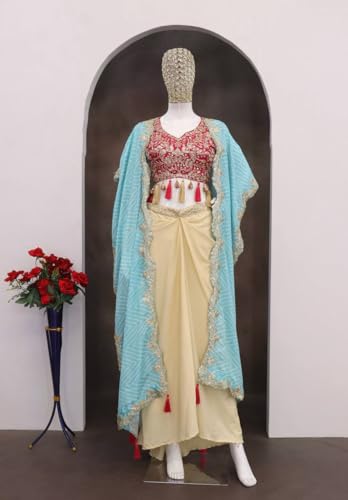 Image of Women Indo Western Dhoti Set with Blouse and Shrug Sequins Embroidery Bandhani Print Ethnic Wear