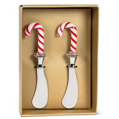 Abbott Collection - Abbott Collection Candy Cane Topped Pate Spreaders. Set of 2 - Glass/Stainless Steel, Red/White (5 inches L)