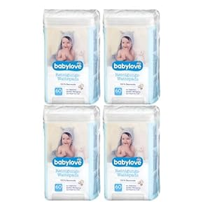 Babylove Reinigungs- und Wattepads aus Baumwolle, 4x60 Stück, Kopf bis Fuß reinigen, ohne Chemie