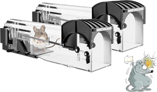 TerraShine ネズミ捕り 2個セット 捕獲用かご 捕獲器 人道的捕獲 無毒無害 踏み板式 大サイズ32cm 細菌防止 再利用可能 簡単設置 家庭菜園台所倉庫対応 （黒透明）