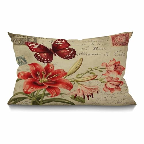 Smooffly Funda de almohada de mariposa, diseño de mariposas, diseño de mariposas, color rojo y flores, funda de cojín para sofá, algodón, lino de 30 x 50 cm