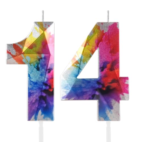 Hongplus Lot de 2 bougies colorées en forme de chiffre 14 - Multicolores - Décoration de fête d'anniversaire pour garçons et filles