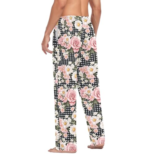 Men's Pink Roses Daisies Pajama Pants with Pockets - Straight Fit Cotton Sleep Bottoms for Lounge & Nightwear#93 5