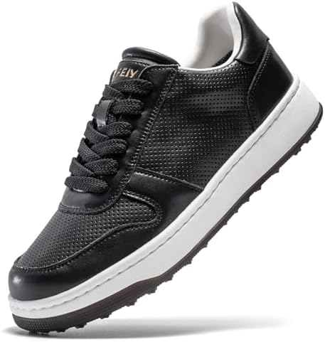 UOFEIY Men's Golf Shoes Spikeless, Water-Resistant Leather Upper, Comfortable Walking Cushion, Rubber Traction Outsole, Breathable Perforated Design, Golf Sneakers