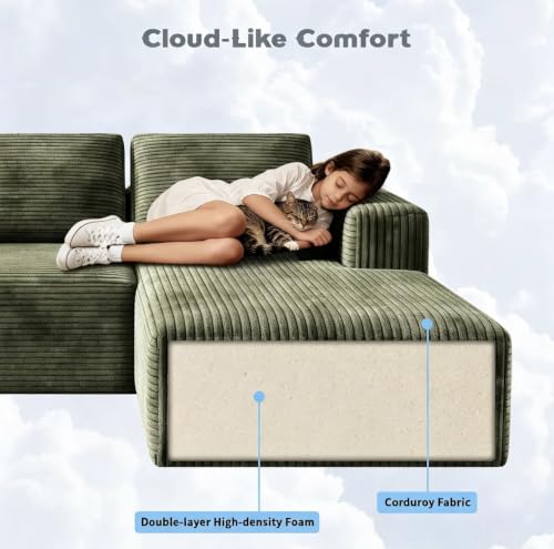 Image of 93 inch L-Shaped Modular Sectional Sofa with Chaise, Boneless Corduroy Cloud Couch with Deep Seat and Oversized Comfort, Flexible Module Combination for Living Room, No Assembly Required