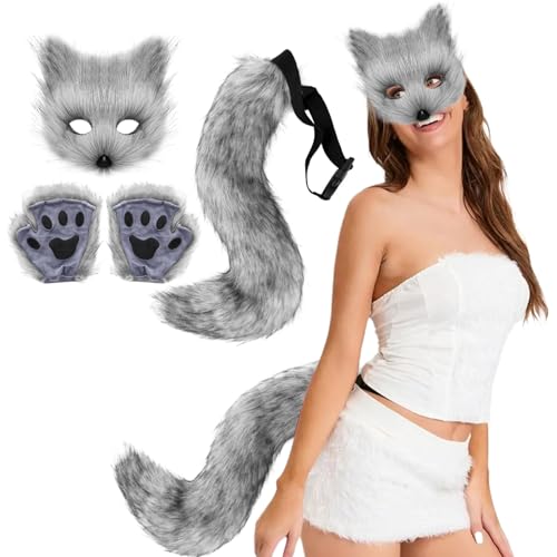 Costume renard Halloween qui ne perd pas ses poils avec masque Therian et queue