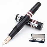 Conklin Toledo - Pluma estilográfica negra con segmentos de anillo burdeos y blanco, punta fina de oro macizo de 14 quilates, cuerpo de resina elegante, bolígrafo de lujo recargable para