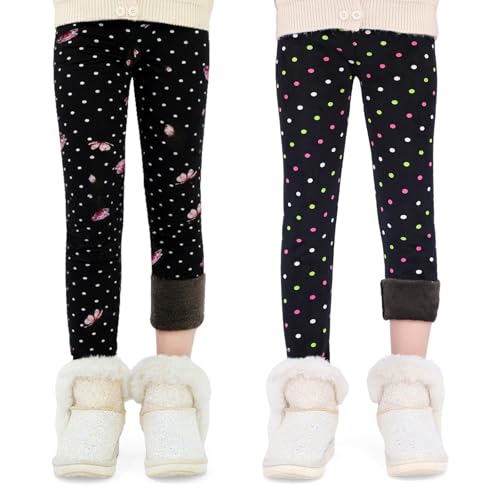 FILOWA Leggings Térmicos para Niña 2-Pack Forro Polar Pantalones Infantiles Flores Estampado Negro Largos Calentitos Mallas Cálido Stretch Legging Otoño Invierno Alta Elásticos Malla para 9-10 Anos