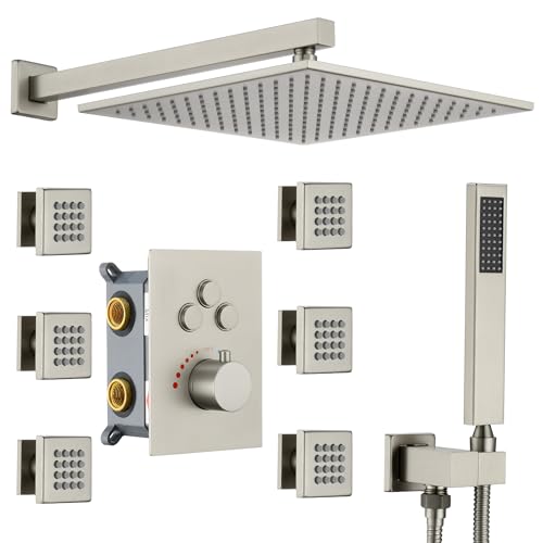 JetsBath Luxury Thermostatic Rain Shower System with 6 Body Shower Jets & 12-Inch Shower Head, Brushed Nickel Wall Mount Shower Faucet Set Complete with Push Button Thermostatic Valve & Shower Head