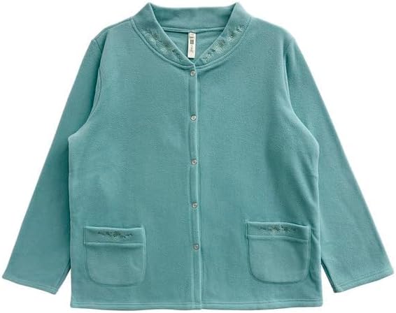 LA CERA Women's Embroidered Snap Front Fleece Bed Jacket, Banded Collar, Dual Pockets, Long Sleeves, Machine Washable - Image 3