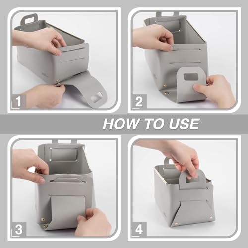Image of Leather Portable Small Storage Basket for Desktop, Rectangle Decorative Box with Two Handles for Organizing, Storage Bin for Snack Sundries Cosmetics Stationery, 9.45''L5.5''W5.12''H (Grey)