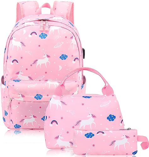 Scione Unicorn School Backpack For Girls Set 3 In 1, Teens Girls Pink Unicorn Bookbag With Usb Charging Port, Cute Shool Supplies With Backpack, Lunch Box, And Pencil Case For Elementary School #TOP24