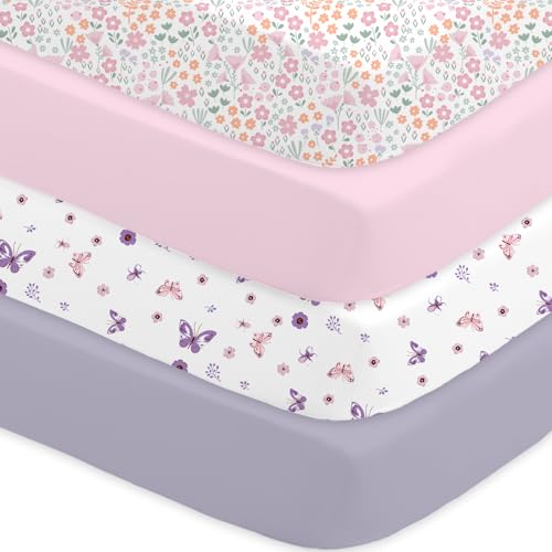 Image of Bimocosy Crib Sheets 4 Pack, Baby Crib Sheets Fitted for Boys and Girls Breathable & Snug Fit, Soft Toddler Bed Sheets for Standard Crib Mattress Nursery Daycare Essentials, Butterfly Bloom