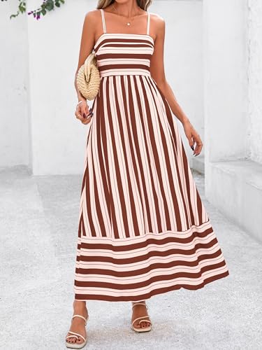 Image of PRETTYGARDEN Women Summer Maxi Dresses 2026 Spaghetti Strap Boho Floral Striped Wedding Guest Beach Vacation Flowy Long Dress