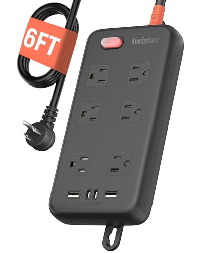 Iwister Outdoor Power Strip Waterproof IPX6 1625W/13A 6 Ft Extension Cord 6 Wide Outlets & 4 USB Ports with Anti-Electric Shock Wall Mountable for Yard Workshop Garage RV