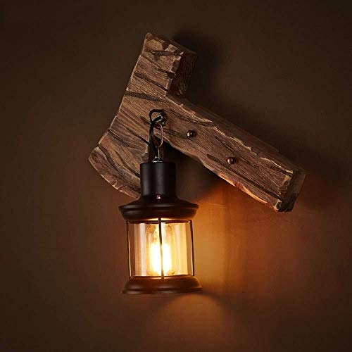 Lampara de pared de vidrio y metal negro con detalles de madera de alto sabor retro