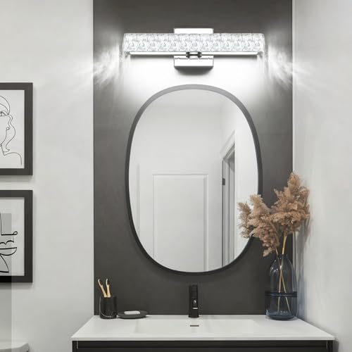 Image of SOLFART Crystal Bathroom Vanity Lights Over Mirror, Chrome Bathroom Light Fixture, 16.5 Inch LED Lights for Bathrooms Vanity Lights for Bath Chrome