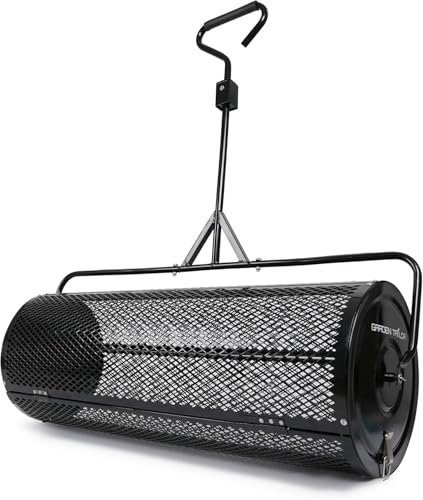 Distribuidor de compost de 44 pulgadas, remolcable, de turba con accesorios de instalación, con rodillo de malla metálica para césped, para tierra vegetal, estiércol, mantillo y abono de cobertura.