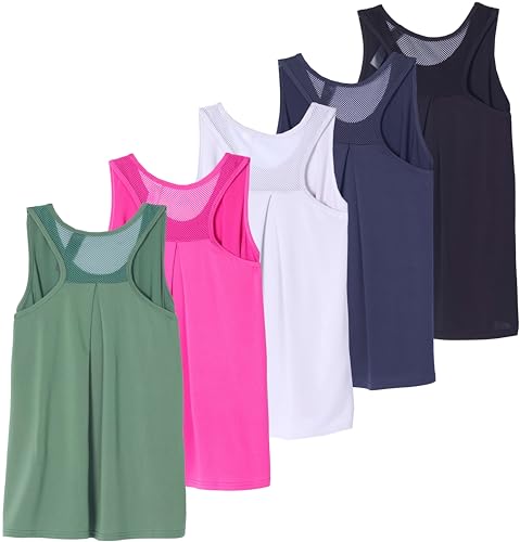 Real Essentials 5 Pack: Women's Racerback Workout Tank Top Mesh Back Dry-Fit Sleeveless Running Gym (Available in Plus Size)