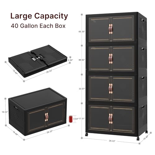 Image of Extra Large Stackable Storage Bins, Lockable Storage Bins with Lids | Folding Storage Box with Doors and Wheels, Collapsible Plastic Drawers for Home, Garage, Office (4, Black, Extra Large)