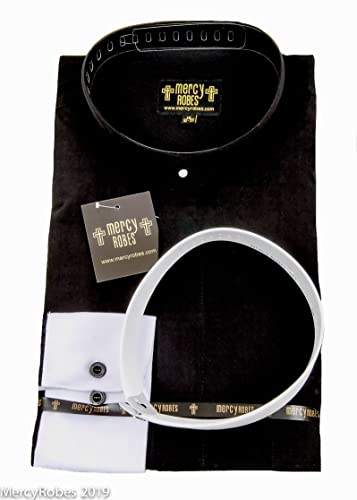 Mens Long Sleeve Standard Cuff Full Neckband Collar with Contrast Cuff Clergy Shirt | Black4