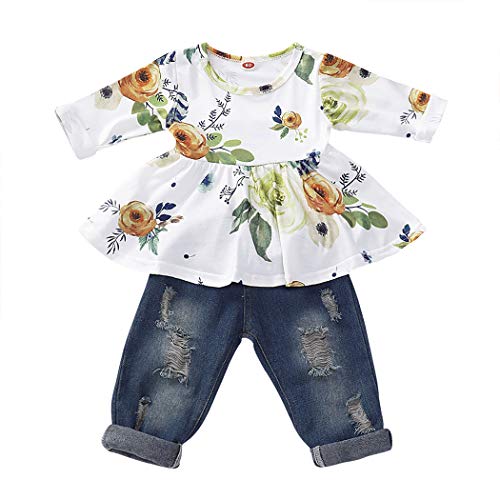 WonderBabe Crianças Bebê Meninas 2 Peças Moda Terno Floral Camisa Top +calça jeans Branco-80