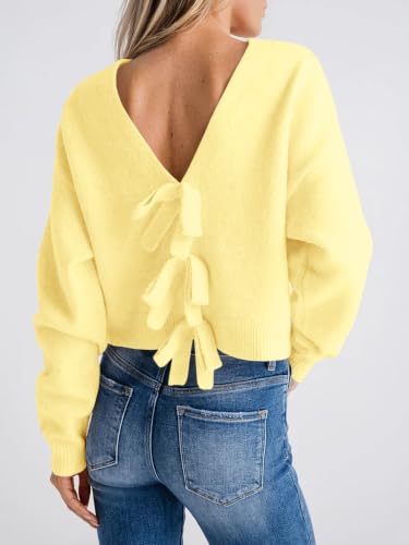 Image of Saodimallsu Womens Bow Sweater Cropped V Neck Long Sleeve Pullover Tops