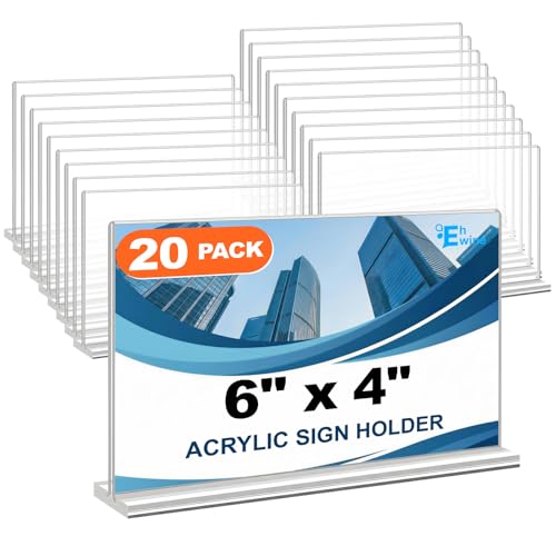 EHWINE Acrylic Sign Holder 4 x 6 Horizontal, 20 Pack Double-Sided Stand up Table Top Sign Holders, Clear Acrylic Picture Frame Menu Flyer Paper Holder Display Stand for Cashier Counter Restaurant Office Wedding Party
