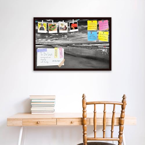 Image of ArtzFolio Sea, Air, & Land Monochrome Contrast | Bulletin Board Notice Pin Board | Vision Soft Board Combo with Thumb Push Pins & Sticky Notes | Dark Brown Frame | 30 x 20 inch (76 x 51 cms)