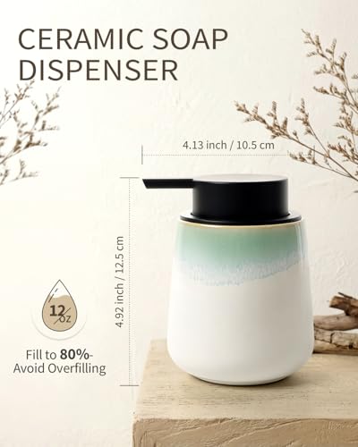 Image of BosilunLife Hand Soap Dispenser - Ceramic Dish Soap Dispenser for Bathroom 12ounce Refillable Liquid Hand Wash Dispenser for Essential Oil, Lotion Soap, White with Blue-Green Rim