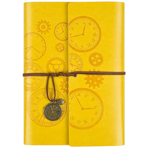 Asten Taccuino in pelle, ricaricabile, vintage, con rilegatura a spirale, diario di viaggio per scrivere, con carta rigata, regalo per ragazze, ragazzi, formato A6, 18 x 13 cm, giallo