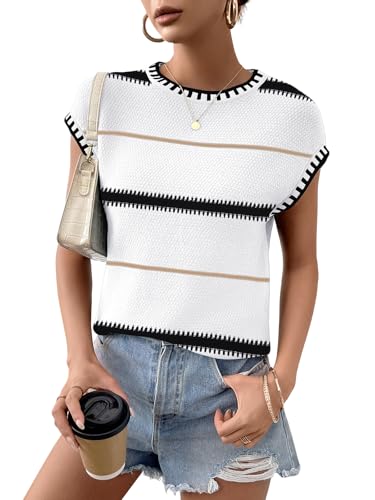 Image of Cap Sleeve Sweater Tops for Women 2026 Knit Summer Sleeveless Tank Vest | Slim Fit, Trendy Color Block, Soft, Skin-Friendly, Strechy, Lightweight, Breathable, Casual Daily Wear