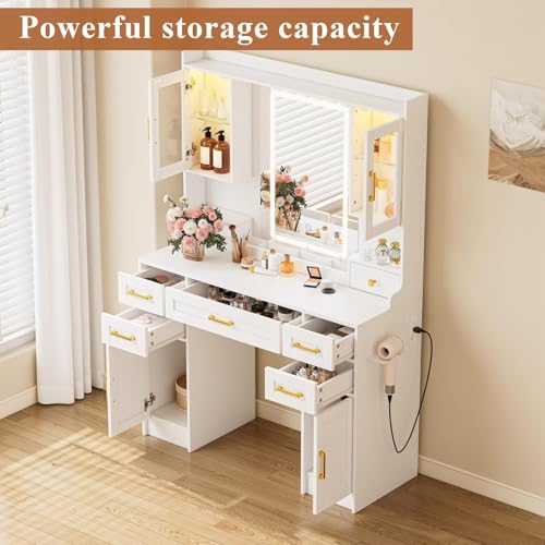 YBXGO White Makeup Vanity Table with LED Lighted Mirror, 3 Light Modes, Power Outlet, 6 Drawers & 4 Storage Cabinets, Modern Dressing Desk for Bedroom 043 White by YBXGO - Image 2