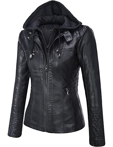 Springrain Women's Casual Stand Collar Detachable Hood Pu Leather Jacket (Medium, Black) #TOP1