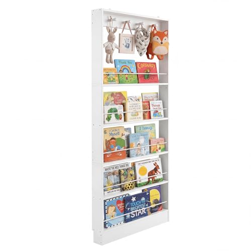 Behind The Door Bookshelf Kids Wooden Behind Door Bookshelf 5-Tier White Bookcase Book Shelf 31.5inch wide Space-Saving Organizer Storage for Toys and Story Books Wall Mount Shelves with Hooks