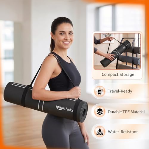 Image of Amazon Basics Alignment TPE Yoga Mat with Yoga Strap | 6 mm Thick | Guide Line Alignment for Posture Accuracy | Non-Slip Grippy Surface | Lightweight & Durable | Floor Protection | Ideal for Yoga, Pilates, Stretching & Fitness | 183 x 61 cm | Black