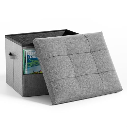 Dayacoco Storage Ottoman Foot Rest Stool, Foldable Foot Rest Stool with Thicker Foam Padded Seat, 43L Small Ottoman with Storage, Holds Up to 350lbs, 17x13x13in,Drak Gray